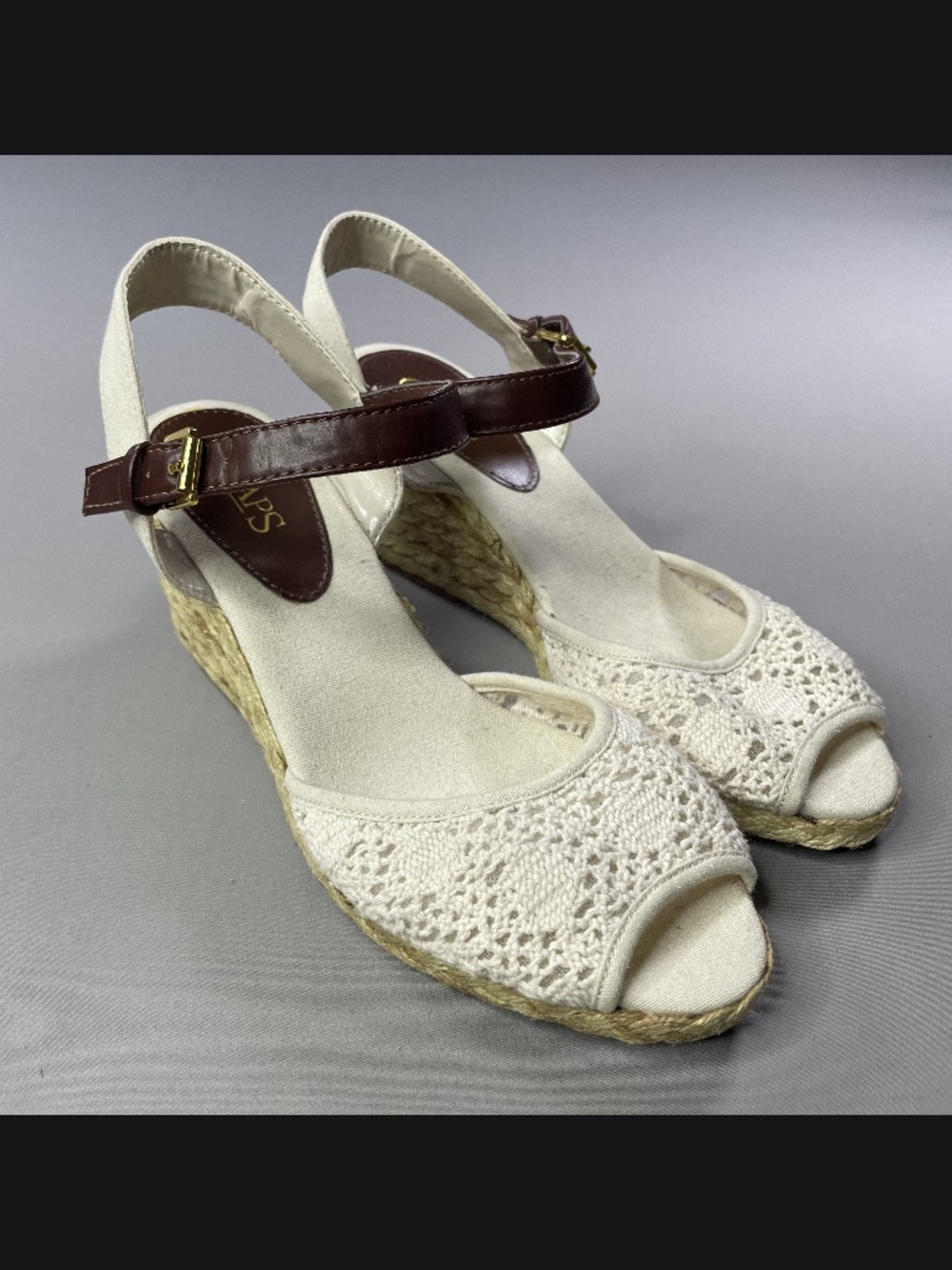 Chaps Shoes Womens 8.5 off white brown jute woven damara wedge heels boho indie